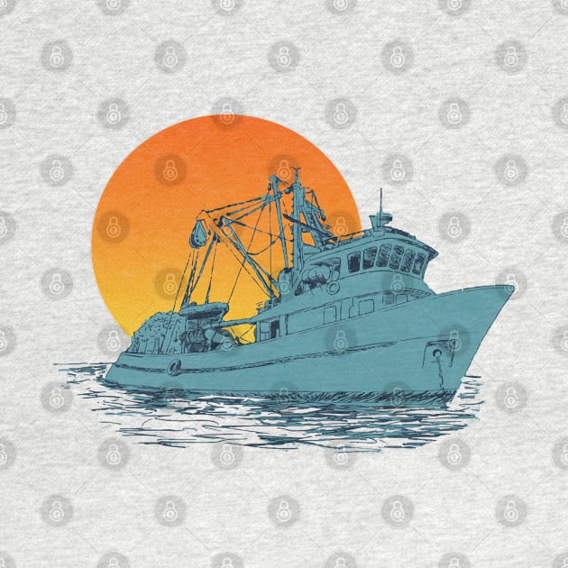 hand drawing fishing boat retro sunset by hardy 